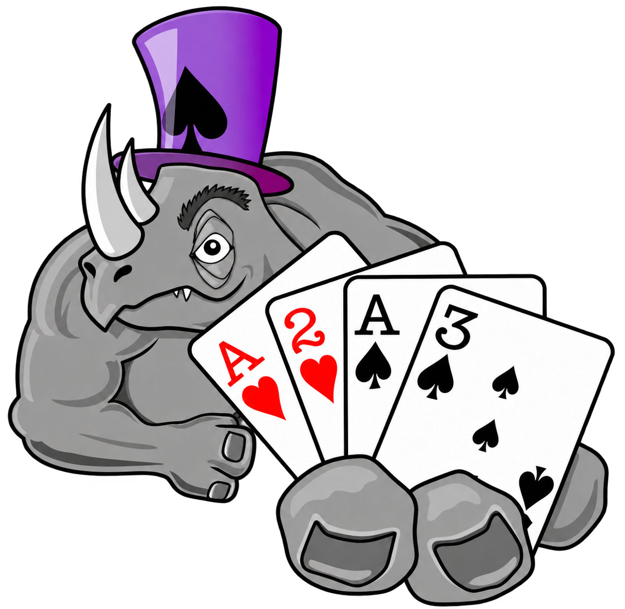 Low Limit Omaha rhino mascot wearing a spade hat and holding playing cards